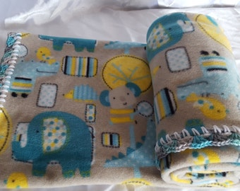 Grey Turquoise Yellow Animals  - Fleece Blanket w Crocheted edge nap cuddle carseat tummy time sleep bed blankie baby crib BABY shower gift