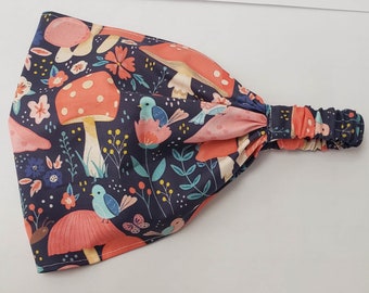 Navy birdies in Mushroom land Wide Headband by FreCkLes GarDeN|empath bandana|Hippy headband|Yoga Sweatband|Kitchen hair cover|Witch|Veiling