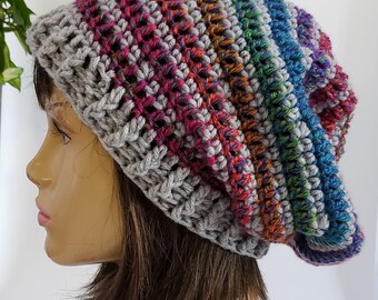 Gray Rainbow Berry Mix SPIRAL Slouchy Hat in Crochet by FreCkLes GarDeN |Bohemian Tam|Oversize Beanie|Dreadlock Hat|Unisex Knit Hat|Outdoor