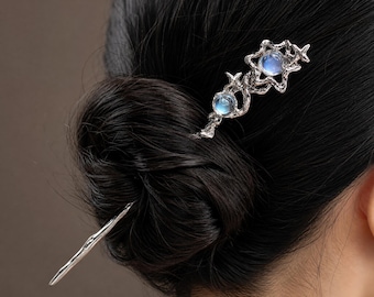Twisted Star Hair Stick, Moonstone Hairpin, Silver Alloy Hair Fork, Celestial Updo Accessory