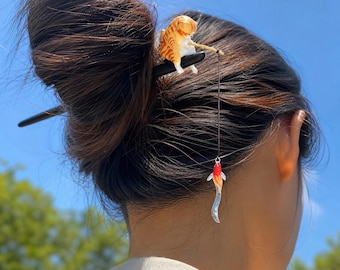 Black Sandalwood Cat Fishing Hair Stick, Koi Tassel Hairpin, Minimalist Wooden Hair Fork
