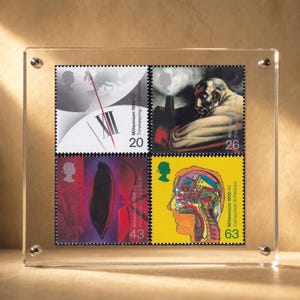 Vintage UK Stamp Art 1999 Time Steam Engine Computer Tech Set 4 Original Postage Acrylic Frame Science History Decor Gift