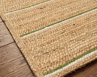 Tappeto in juta tessuto a mano con strisce verdi / Tappeto boho naturale per interni / Tappeto in canapa stile rustico / Tappeto intrecciato per ingresso / Tappeto neutro ecologico per pavimenti