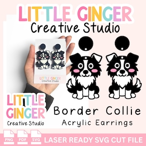 Puede incluir: Un par de pendientes de acrílico de Border Collie en blanco y negro con un diseño de perro, mejillas rosadas y un poste circular. Los pendientes se muestran en una tarjeta blanca con el texto Little Ginger Creative Studio.