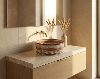 Lavabo marroquí de lujo para baño | Lavabo redondo de cerámica | Lavabo de encimera pintado a mano por artesanos, decoración de tocador mediterránea y wabi-sabi