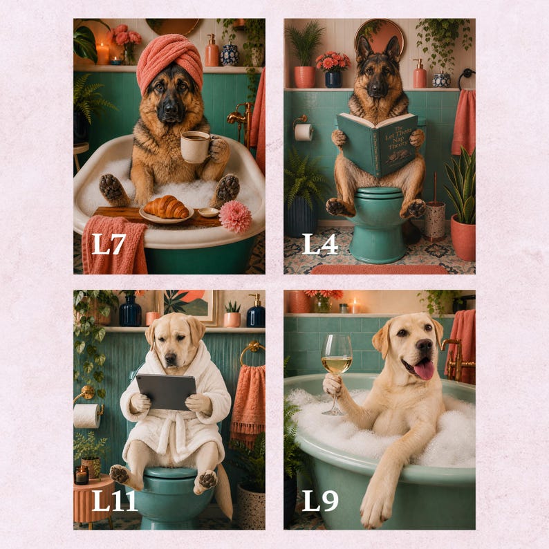 Puede incluir: Un collage de cuatro paneles con perros en ba&ntilde;os. L7 muestra un pastor alem&aacute;n en una ba&ntilde;era con una toalla en la cabeza, caf&eacute; y un cruas&aacute;n. L4 muestra un pastor alem&aacute;n en el inodoro leyendo un libro. L11 muestra un labrador en albornoz usando una tableta en el inodoro. L9 muestra un labrador en un ba&ntilde;o de espuma sosteniendo una copa de vino.