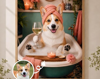 Puede incluir: Un cuadro decorativo enmarcado que muestra a un perro Corgi en un baño de espuma, con una toalla color melocotón en la cabeza. El perro sostiene una copa de vino en una pata, con una bandeja de madera con una vela sobre la bañera. Un recuadro circular muestra un retrato del mismo Corgi.