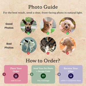 Puede incluir: Un gr&aacute;fico instructivo titulado Photo Guide y How to Order. Muestra seis fotos circulares de mascotas etiquetadas como Good o Bad, seguido de un proceso de tres pasos: Place Your Order, Send Your Pet Photo + Design Code, Receive Your Files.