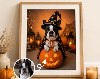 Puede incluir: Una lámina artística enmarcada que muestra a un perro Boston Terrier blanco y negro con un sombrero de bruja negro con estrellas doradas y una capa a juego. El perro apoya sus patas sobre una calabaza naranja brillante de Halloween.