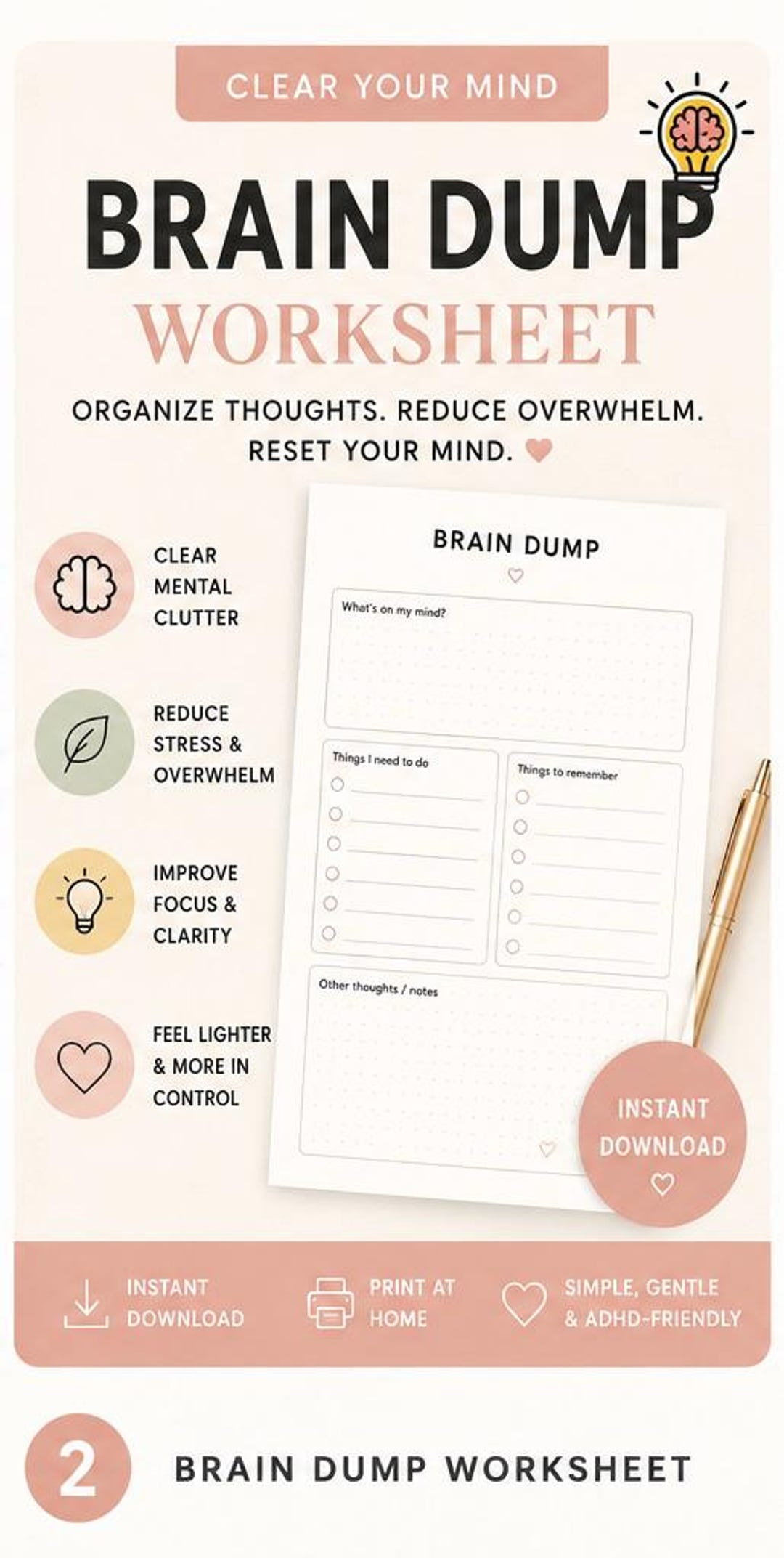 ADHD Brain Dump Worksheet | Mental Clutter, Overwhelm Reset (digital ...