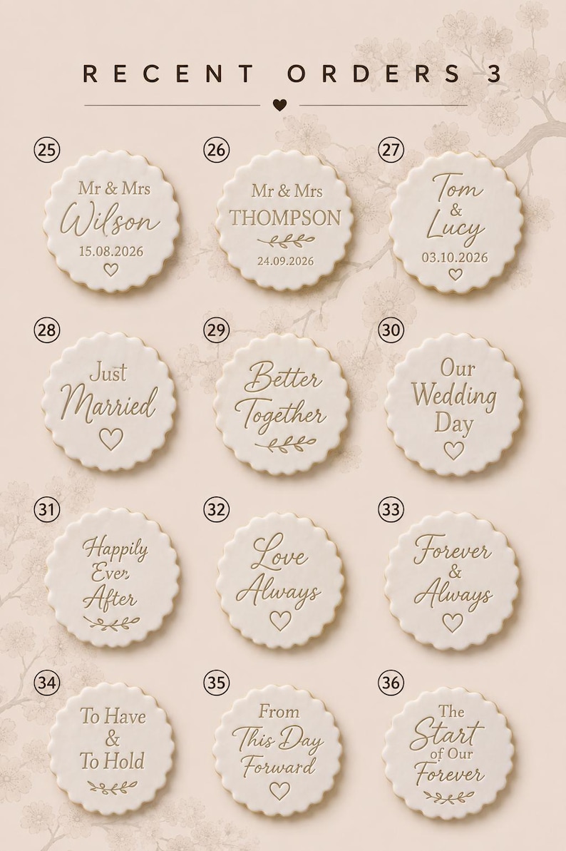 May include: A collection of twelve round, scalloped-edge white ceramic or clay discs arranged in a grid. Each disc features unique engraved text and symbols related to weddings, such as Mr & Mrs Wilson, Just Married, and Happily Ever After.