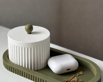 Minimalist Ribbed Trinket Tray & Jewellery Jar Set | Modern Catch All Tray | Vanity Organizer | Neutral Home Decor | Desk Tidy Gift