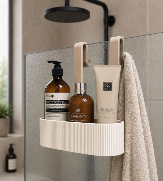 Minimalist Shower Caddy | Hanging Shower Shelf with Towel Hook | No Drill Bathroom Storage