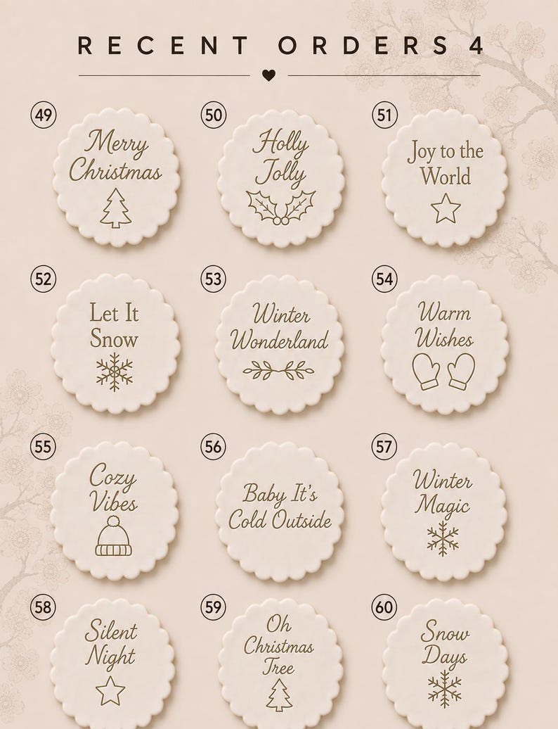 May include: A collection of twelve round, scalloped-edge white ceramic tags labeled 49 through 60. Each tag features dark brown text and holiday-themed icons, including phrases like Merry Christmas, Holly Jolly, Joy to the World, and Let It Snow.