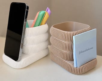 Organizador de escritorio moderno con soporte para teléfono y base acanalada / Portalápices y organizador de artículos de oficina minimalistas / Organizador de escritorio impreso en 3D / Decoración estética para escritorio de oficina