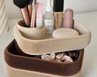 Luxury Modular Makeup Organiser Set | Stackable Ribbed Vanity Storage Tray & Brush Holder | Minimalist Bathroom Organiser