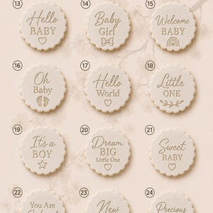 May include: A collection of twelve circular, scalloped-edge plaques labeled 13 through 24, each featuring engraved text and icons. Phrases include Hello BABY, Baby Girl, Welcome BABY, Oh Baby, Hello World, Little ONE, It's a BOY, Dream BIG, Sweet BABY, You Are So Loved, New Arrival, and Precious BABY.