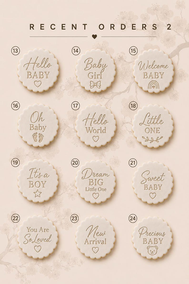 May include: A collection of twelve circular, scalloped-edge plaques labeled 13 through 24, each featuring engraved text and icons. Phrases include Hello BABY, Baby Girl, Welcome BABY, Oh Baby, Hello World, Little ONE, It's a BOY, Dream BIG, Sweet BABY, You Are So Loved, New Arrival, and Precious BABY.