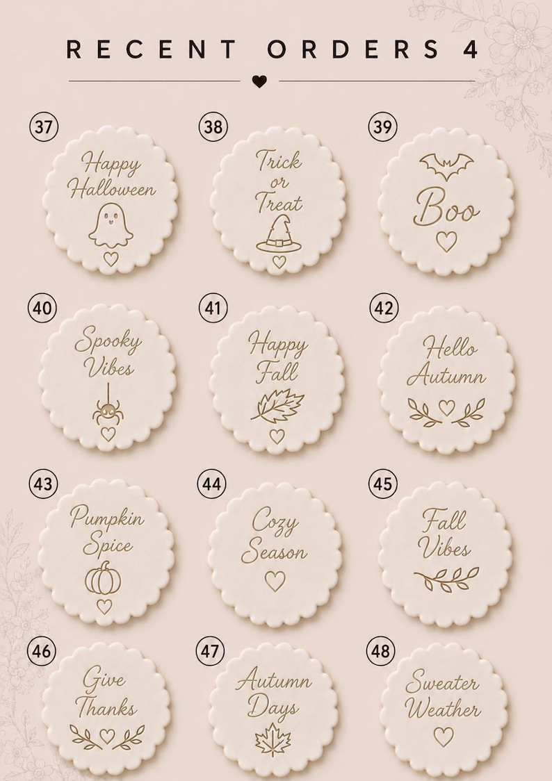May include: A collection of twelve round, scalloped-edge white ceramic discs arranged in a grid. Each disc features brown engraved text and icons related to autumn and Halloween, numbered 37 through 48, with the header text RECENT ORDERS 4.