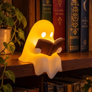 May include: A glowing, yellow, ghost-shaped lamp made of smooth material, featuring two round white eyes and holding a small, open brown book. The lamp emits a warm light and is positioned on a wooden shelf edge.