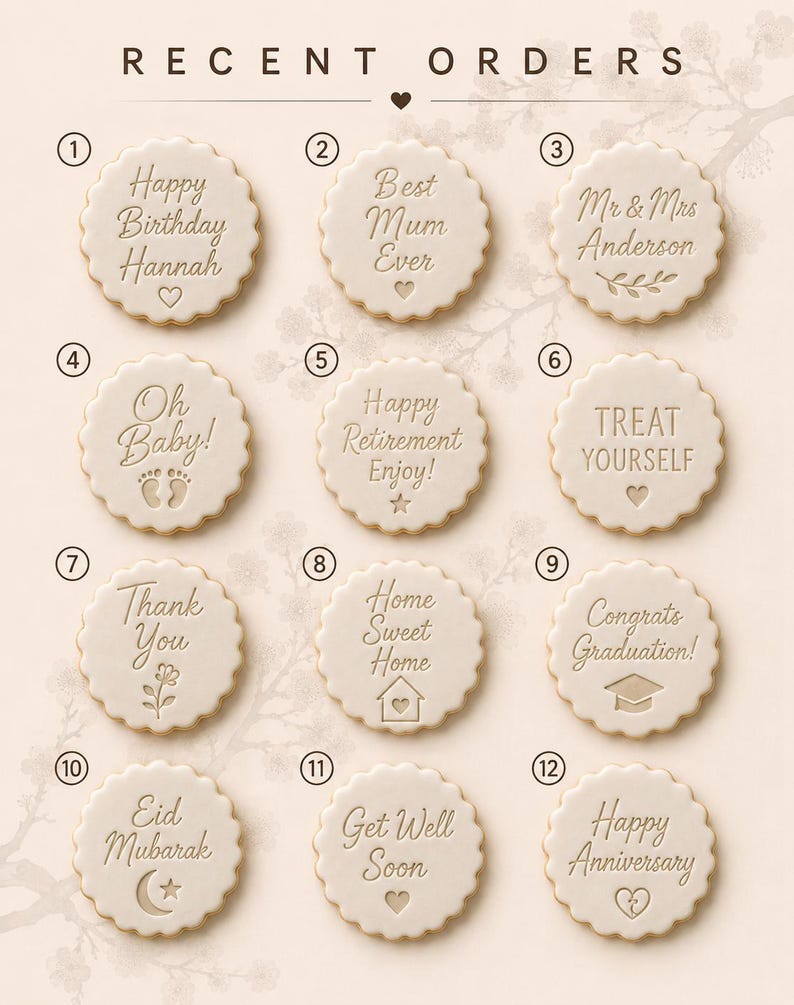 May include: Twelve round, scalloped-edge cream-colored cookies arranged in a grid, each featuring embossed text and icons for various occasions, including Happy Birthday, Best Mum Ever, Mr & Mrs Anderson, Oh Baby, Happy Retirement, Treat Yourself, Thank You, Home Sweet Home, Congrats Graduation, Eid Mubarak, Get Well Soon, and Happy Anniversary.