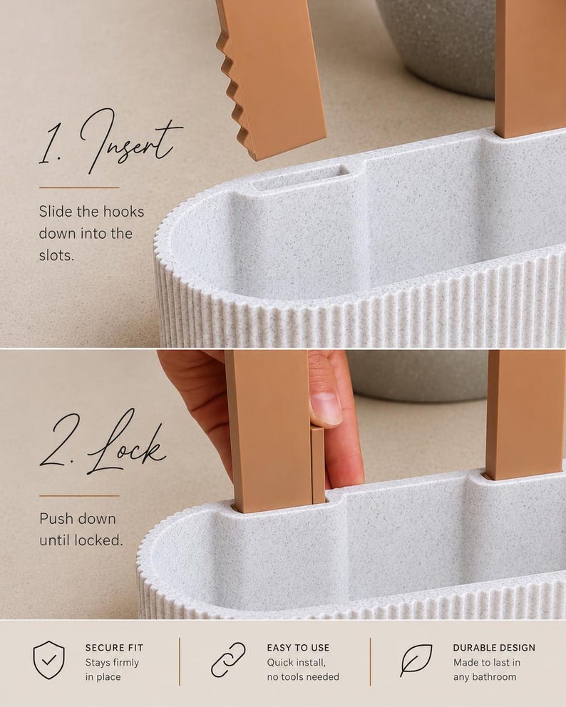 May include: A light gray, oval-shaped container with a ribbed exterior texture and two tan, flat, rectangular hooks. The image displays two steps: 1. Insert, showing the hooks above the slots, and 2. Lock, showing the hooks pushed into the slots.