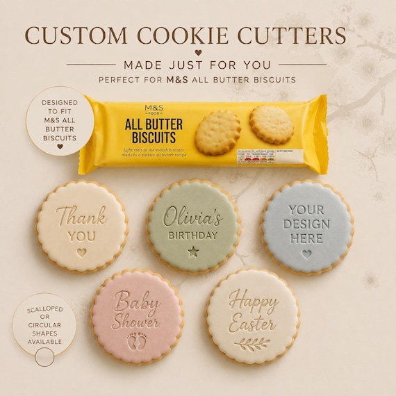 Personalised Cookie Stamp | Custom Fondant Embosser | Cookie Cutter | Scalloped Biscuit Stamp | Fits M&S All Butter Biscuits | Fast Delivery