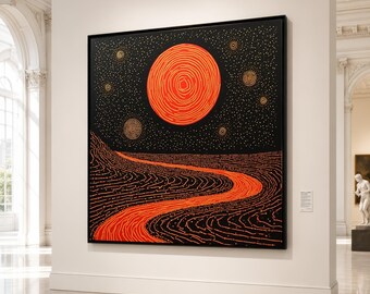 Cosmic Night Sky Canvas, Abstract Orange Moon Wall Art, Starry Space Landscape, Modern Celestial Canvas, Vibrant Home Decoration