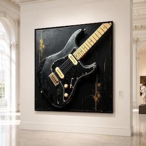 Vintage svart elgitarrcanvas, väggkonst för musikinstrument, rock and roll-dekor, canvas för musikälskare, färdigt att hänga konstverk