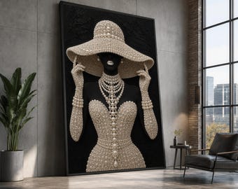 Pearl Fashion Portrait Canvas Print, Woman in Wide Brim Hat, Black and Ivory Glam Wall Art for Vanity, Bedroom or Closet