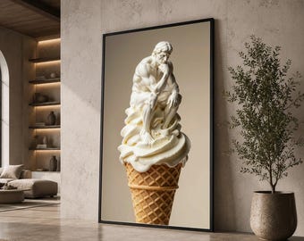 The Thinker Ice Cream Canvas Print Wall Art, Surreal Statue Dessert Poster, Neutral Beige Funny Kitchen Cafe Decor