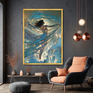 Ethereal Woman with Flowing Fabric, Crystal Light Canvas, Mystical Fine Art, Dreamy Wall Decor, Elegant Home Decoration image 2