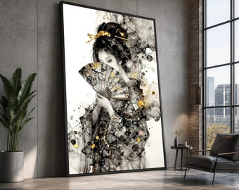 Könnte beinhalten: Ein großes, vertikales Wandbild in einem Rahmen zeigt eine schwarz-weiße Tuschezeichnung einer Person mit aufwendiger Frisur, die einen Fächer hält. Das Kunstwerk enthält abstrakte schwarze Tintenflecken und metallische goldene Akzente.
