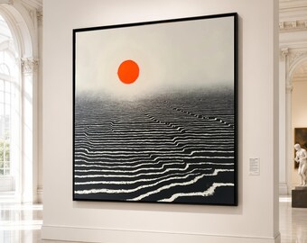 Minimalist Desert Landscape Canvas, Abstract Sunset Wall Art, Modern Home Decoration, Black and White Lines, Red Sun Canvas Print
