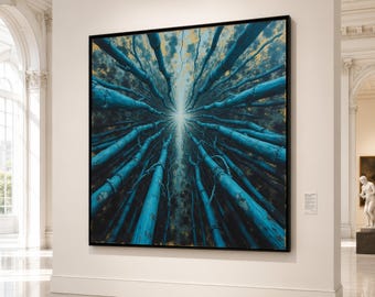 Blue Bamboo Forest Canvas, Upward Perspective Wall Art, Nature Serenity Canvas, Tranquil Woodland Decoration, Modern Home Canvas Art
