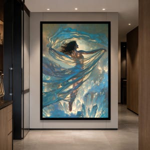 Ethereal Woman with Flowing Fabric, Crystal Light Canvas, Mystical Fine Art, Dreamy Wall Decor, Elegant Home Decoration image 7