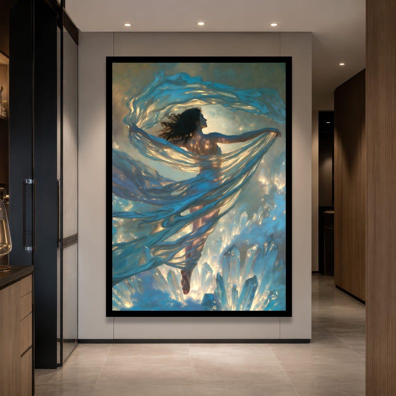 Ethereal Woman with Flowing Fabric, Crystal Light Canvas, Mystical Fine Art, Dreamy Wall Decor, Elegant Home Decoration image 7
