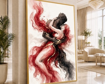 Romantic Couple Canvas Print, Watercolor Wall Art, Red and Black Abstract Artwork for Living Room, Modern Home Decor, canvas wall art
