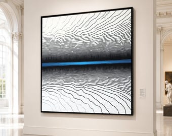 Minimalist Abstract Lines Canvas Wall Art, Modern Black and White Design, Blue Accent Stripe, Contemporary Home Decoration, Large Wall Art