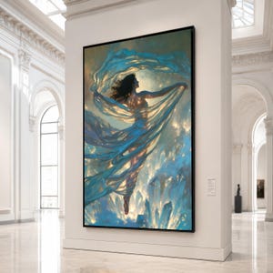 Ethereal Woman with Flowing Fabric, Crystal Light Canvas, Mystical Fine Art, Dreamy Wall Decor, Elegant Home Decoration image 1