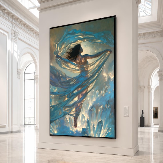 Ethereal Woman with Flowing Fabric, Crystal Light Canvas, Mystical Fine Art, Dreamy Wall Decor, Elegant Home Decoration
