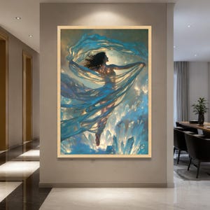 Ethereal Woman with Flowing Fabric, Crystal Light Canvas, Mystical Fine Art, Dreamy Wall Decor, Elegant Home Decoration image 5