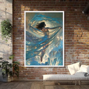 Ethereal Woman with Flowing Fabric, Crystal Light Canvas, Mystical Fine Art, Dreamy Wall Decor, Elegant Home Decoration image 6