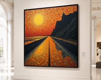Radiant Sunset Horizon Canvas, Abstract Landscape Wall Art, Vibrant Orange Sun, Modern Home Decoration, Long Road Perspective Canvas