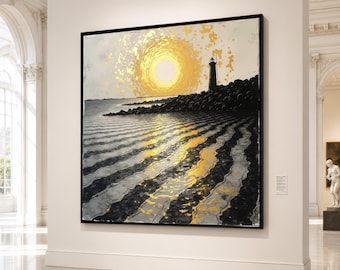 Golden Sunset Lighthouse Canvas, Coastal Sea View Wall Art, Nautical Nature Landscape, Reflective Water Scene, Home Decor Canvas