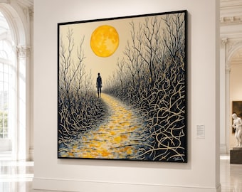 Lone Walker Pathway Canvas, Full Moon Wall Art, Mystical Forest Silhouette, Nighttime Landscape Canvas, Atmospheric Home Decor