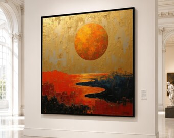 Golden Sunset River Canvas, Abstract Landscape Wall Art, Modern Home Decor, Vibrant Red and Orange Canvas, City Silhouette Canvas