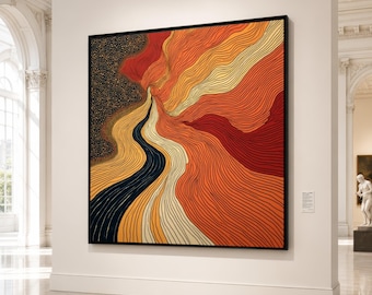 Vibrant Abstract Flow Canvas, Warm Color Wall Art, Modern Organic Lines, Contemporary Home Decoration, Bold Orange and Black Canvas