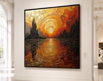 Radiant Sunset Reflection Canvas, Abstract Lake View Wall Art, Golden Sky Landscape, Modern Nature Scene, Home Decor Canvas Print
