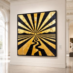 May include: Large framed artwork with a striking geometric design. The piece features a sunburst pattern in gold and black, with a winding path leading to a central sun. The artwork is displayed in a museum setting.